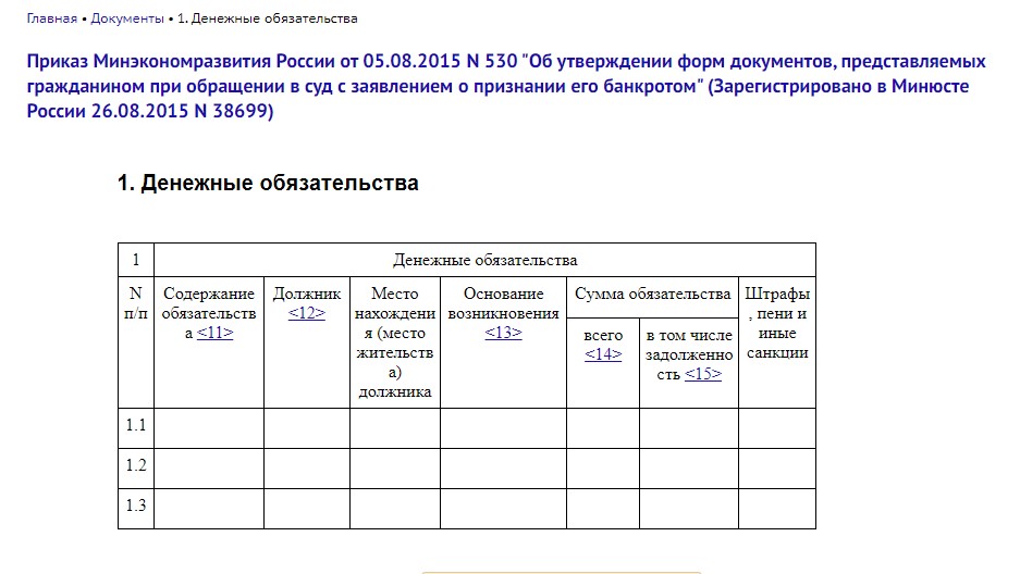 Форма для заполнения списка должников в процедуре банкротства
